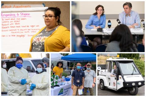 5 different photos of Health Department workers in the community