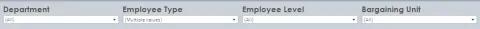 Image of filters available on the dashboards: : Department, Employee Type, Employee Level, Bargaining Unit