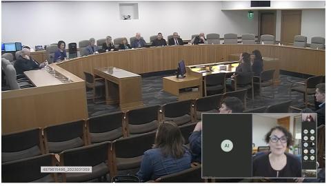 Photo of the committee seated in the chamber, with an inset showing Multnomah County Chair Jessica Vega Pederson.