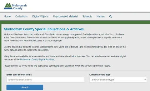 Screenshot of Multnomah County ArchivesSpace catalog home page