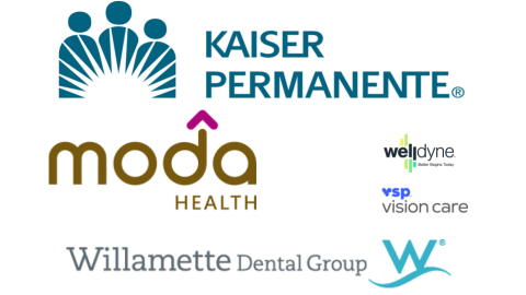 Logos for medical and dental plans: Kaiser Permanente, Moda Health, Willamette Dental, WellDyne, VSP