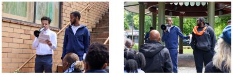 Photos on left and right, Word is Bond Juneteenth Lower Albina Walking Tour.