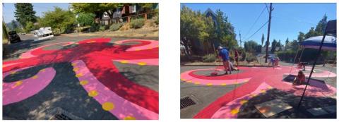 Photo on left and right, Foster-Powell Center Street Mural Project.