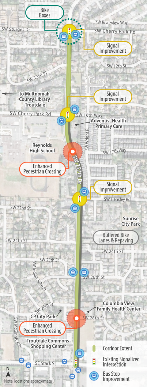 A map of the project area, along 257th from Stark to Cherry Park, with icons showing the location of improvements described in the accompanying article.