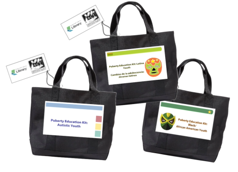 3 black tote bags labeled puberty education kit