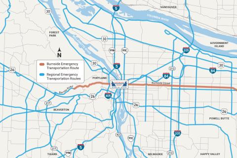 A map showing most of Portland, with Burnside Avenue marked in orange as the Burnside Emergency Transportation Route, and various other main roads in light blue as Regional Emergency Transportation Routes.