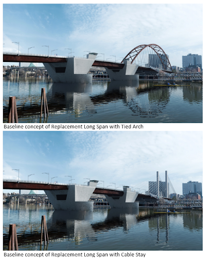 Two design options for Burnside Bridge: Tied arch and cable stay designs