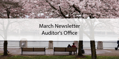 March Newsletter header with cherry blossom trees and bench in the background