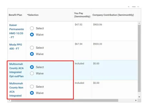 screenshot of medical plan opt out types: ACA integrated and non-ACA integrated