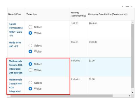 screenshot of medical plan opt out types: ACA integrated and non-ACA integrated