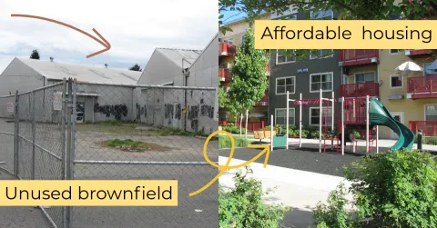 Two side-by-side images showing an abandoned industrial site before it became a vibrant multi-story apartment complex