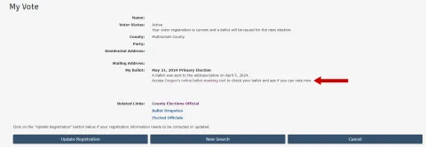 Image that shows My Vote and arrows on where to access the ballot and the required forms