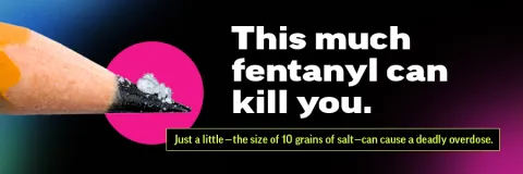 Close up of pencil tip with fentanyl powder on it. Message: This much fentanyl can kill you.