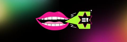 Neon pink lips and a green speech bubble in bold graphic style