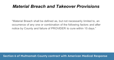 Excerpt from contract defining a material breach as, but not necessarily limited to, an occurrence of any one or combination of the following factors and after notice by county and failure of provider to cure within 15 days. 