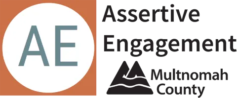 Assertive Engagement logo with blue AE letters in a white circle with an orange background and the Multnomah County logo