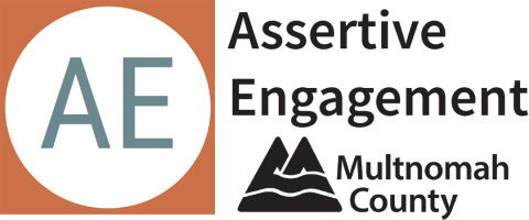 Assertive Engagement logo with blue AE letters in a white circle with an orange background and the Multnomah County logo