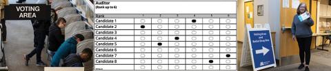 Horizontal image collage including elections voting area, sample ranked choice voting ballot, and voter holding return ballot envelope