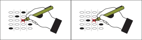 (Left image) A hand holding a pen and crossing out a filled-in oval in a row where two are filled in. (Right image) a hand holding a pen and crossing out a filled-in oval in a column where there is only one oval filled in per column.