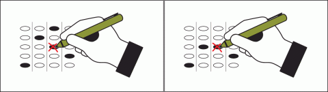 (Left image) A hand holding a pen and crossing out a filled-in oval in a row where two are filled in. (Right image) a hand holding a pen and crossing out a filled-in oval in a column where there is only one oval filled in per column. 
