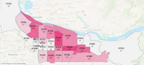This map shows the number of Year 2 slots by zip code.
