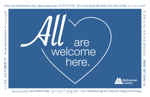 White Text on blue background says "All are welcome"