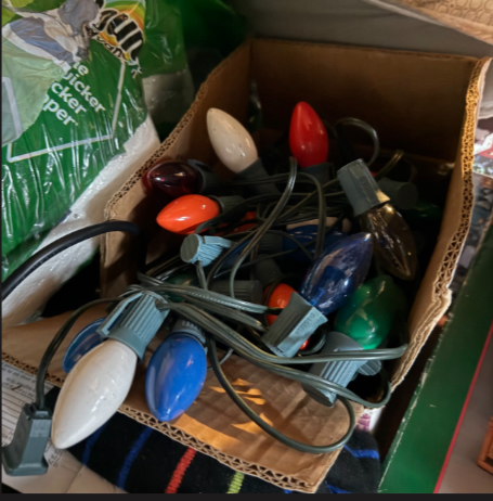 Cardboard box containing a string of multi-color outdoor holiday lights