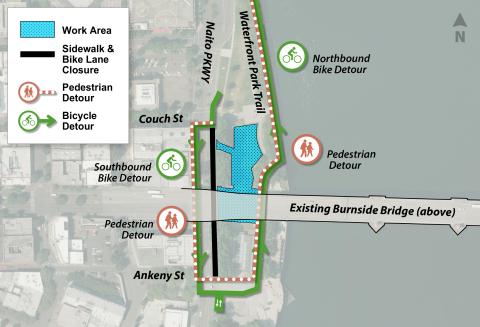 map showing the closures and detours described in the text