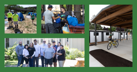 A collage that includes photos of people performing outreach to those living in tents, people who have been placed into shelter or housing, and a tiny home village.