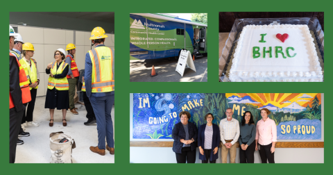 A collage that includes photos of JVP in construction gear touring the deflection center, and bus that provides mobile medical care, and a cake that has "I Love BHRC" written on it.