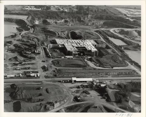 Aerial view of Yeon Building at time of construction