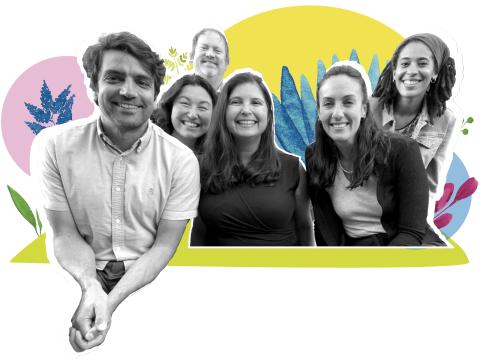 Members of the Office of Sustainability team pose together in front of illustrated plants and geometric shapes in different colors.