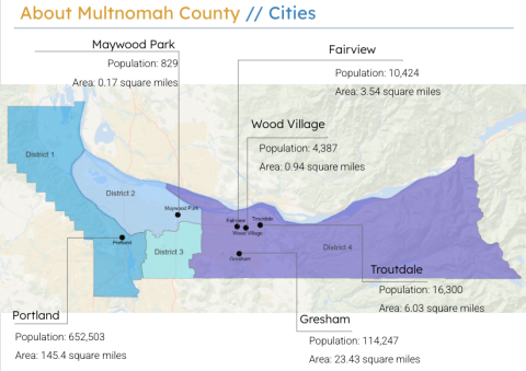 A map that shows the 4 districts of Multnomah County, as well as major population centers like Portland, Gresham, and Troutdale.