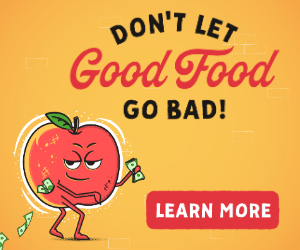 Image of cartoon apple holding dropping a stack of money with text that reads "don't let good food go bad"