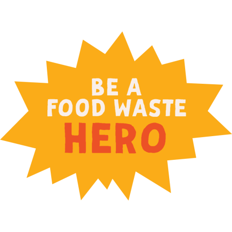 Logo with text Be a Food Waste Hero with yellow background