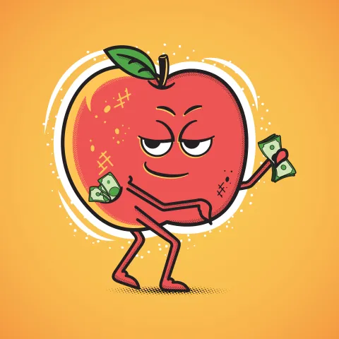 cartoon drawing of an apple throwing money away