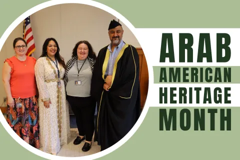 Photo left to right: Multnomah County Arab American Heritage Month employee-led event organizers Alis Smbatyan, Mawadda Amboun, Emilie Azorr and Ahmed Alzubidi, at Central Library. 