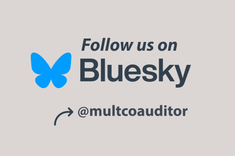Bluesky logo with text says "Follow us on Bluesky @multcoauditor"