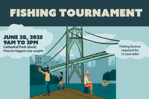 Illustration of people fishing by the St Johns bridge