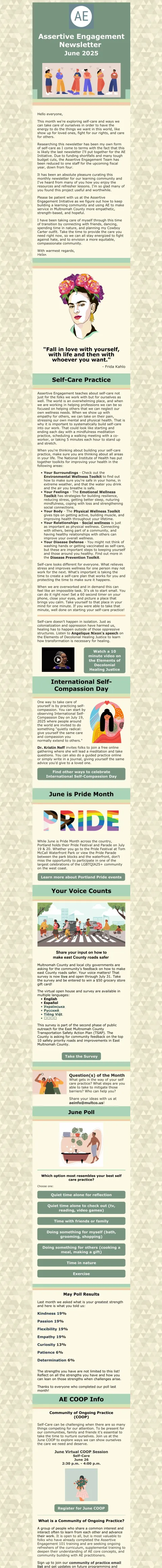 Preview of the June Assertive Engagement newsletter on Self-Care
