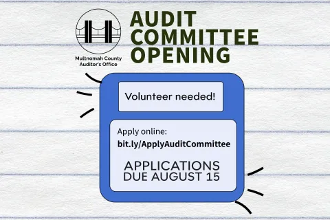 Blue text box that says, "Volunteer needed! Applications due August 15" with application link for Audit Committee Opening