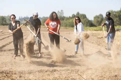 September 2022, County and Feed’Em Freedom staff breaking ground on the new CROPS farm development.