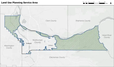 A map highlighting the unincorporated rural areas of Multnomah County