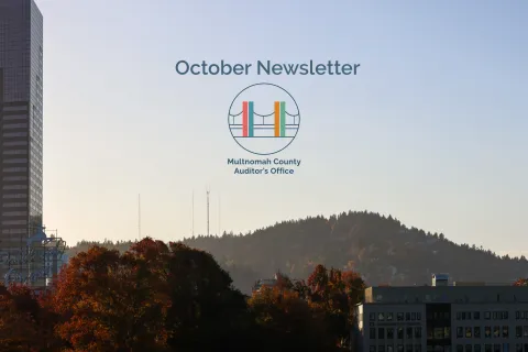 Portland, Oregon landscape of city by Burnside Bridge with Auditor's Logo