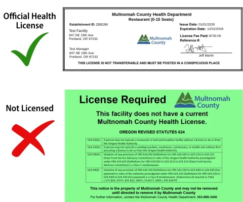 Examples of an official health license and a vendor not licensed sticker