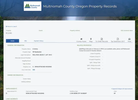 Ejemplo de visualización de registro de propiedad en Multcoproptax.com